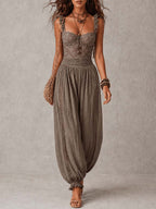 Nieves | Grey lace bandeau set and pleated cotton harem trousers