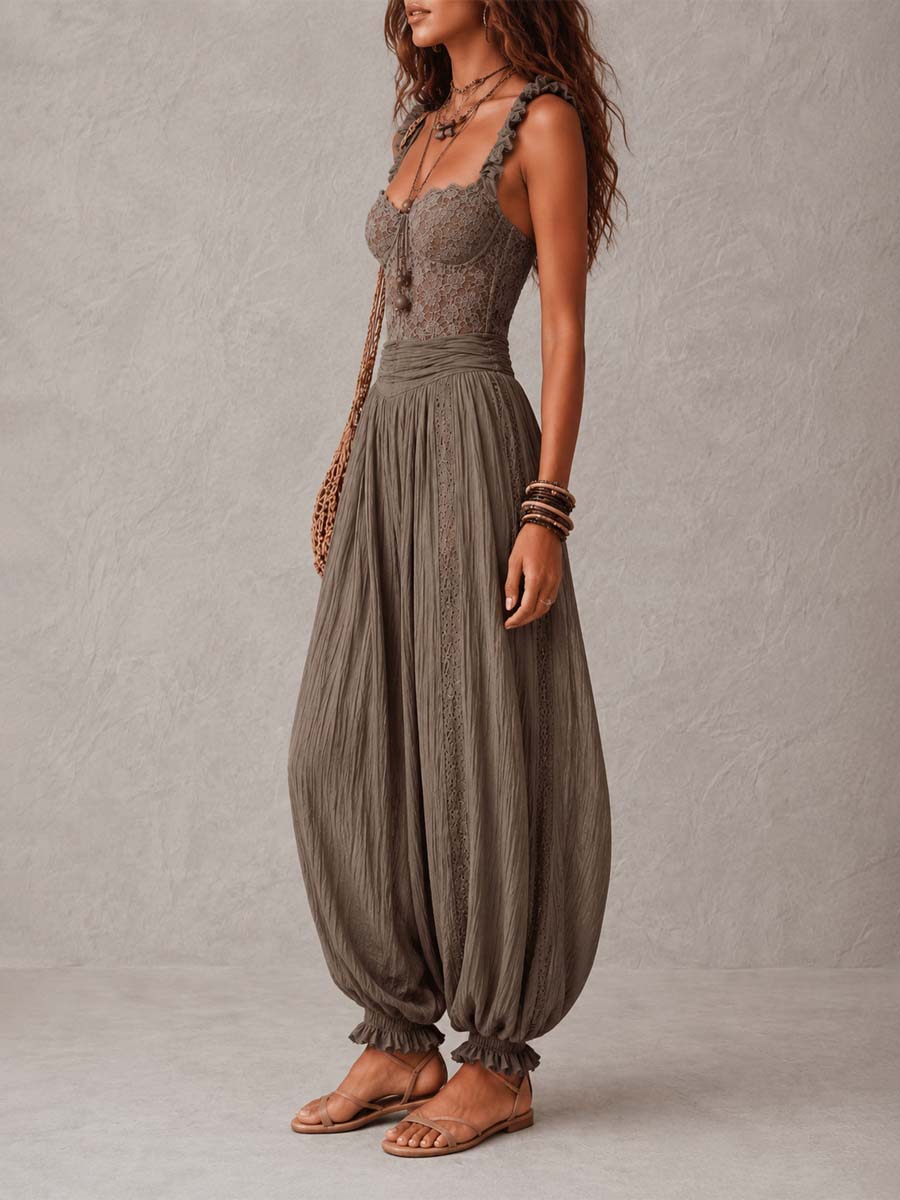 Nieves | Grey lace bandeau set and pleated cotton harem trousers